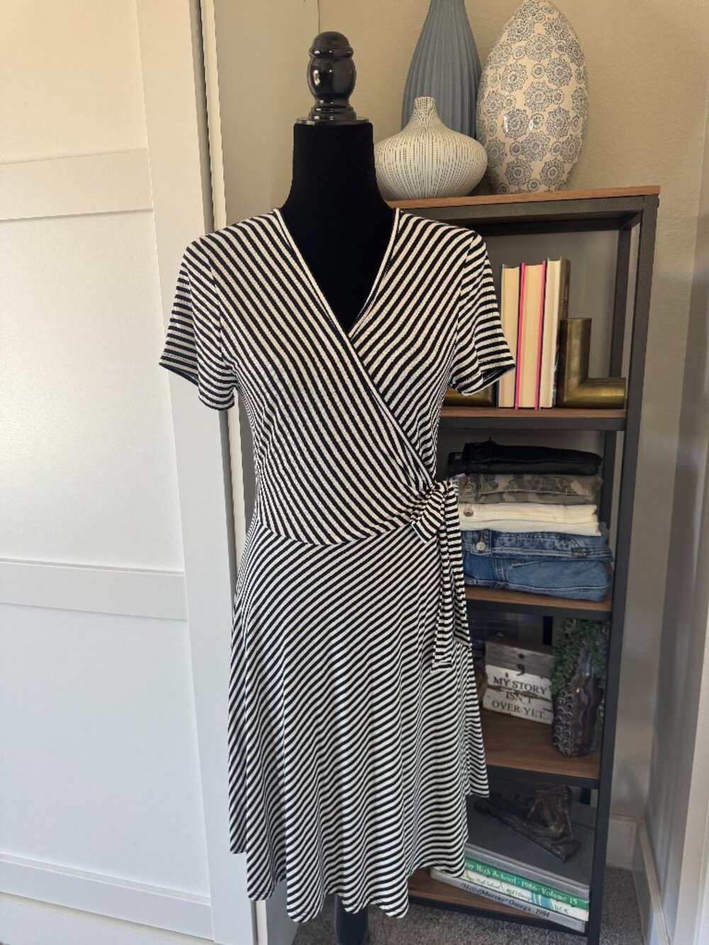 Rolla Costa Black & Cream Striped Knit Faux Wrap Dress - Size L